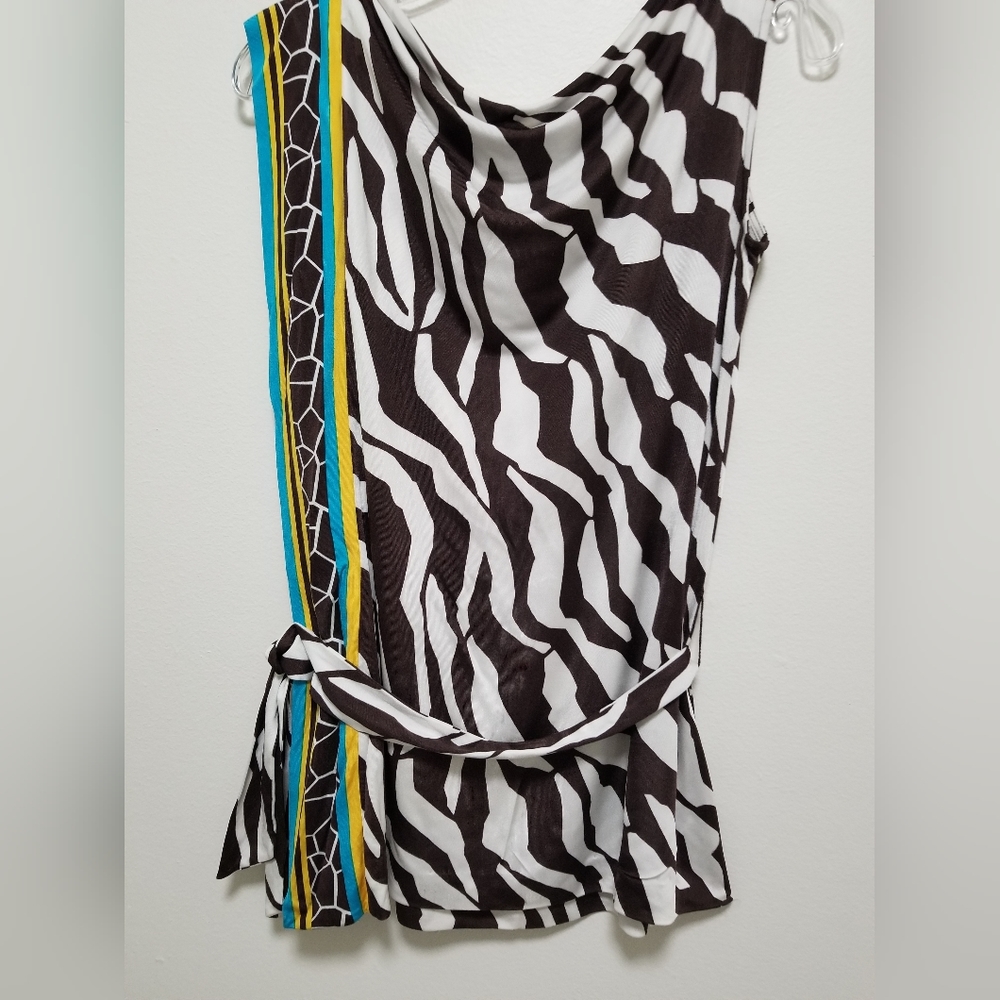 Escada Brown Animal Print Combo Jersey Blouse Belted Sleeveless Size Small - Picture 7 of 12